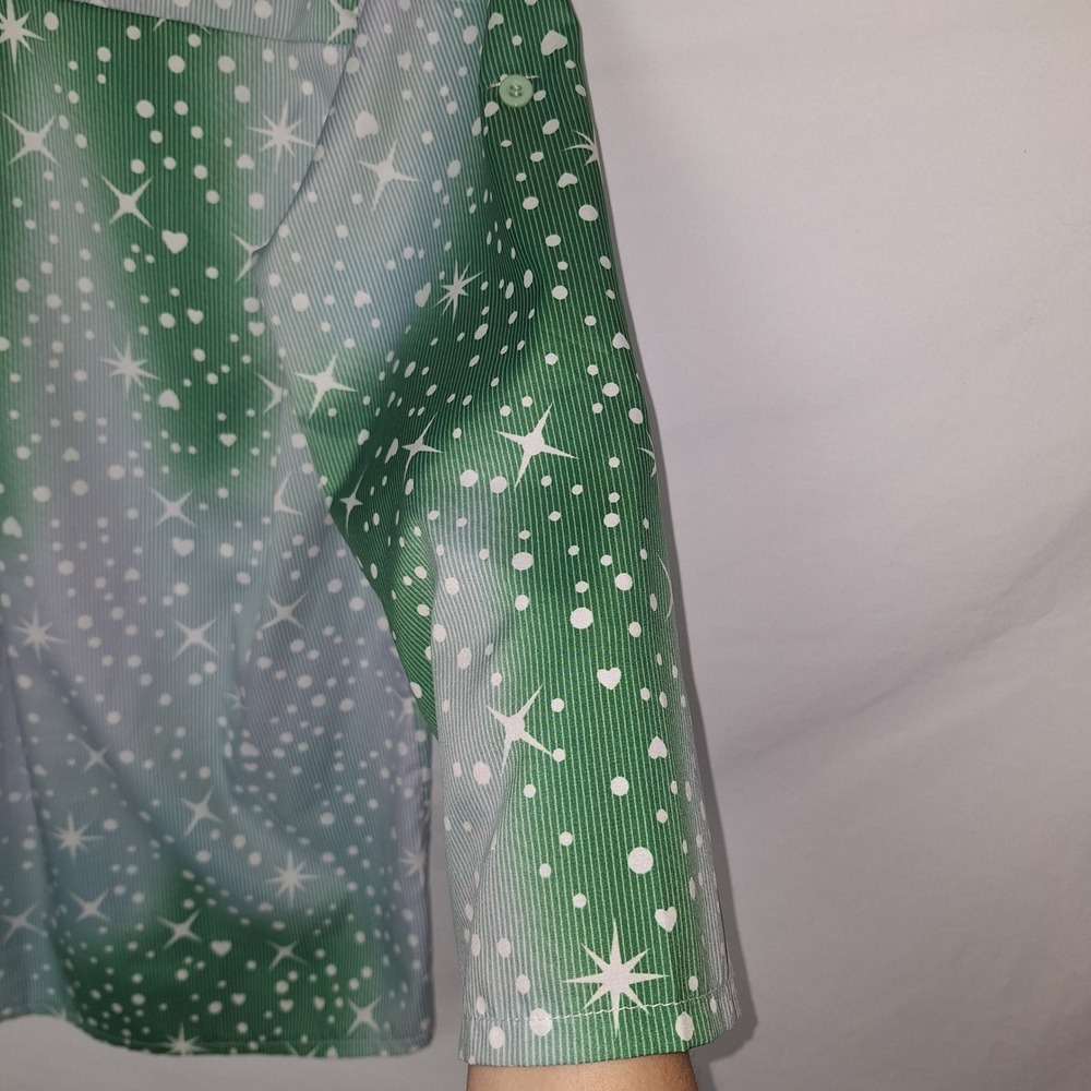 Whimsigoth Boho Bohemian Fairy Grunge Celestial Star Heart Blouse Green White M - Picture 7 of 7